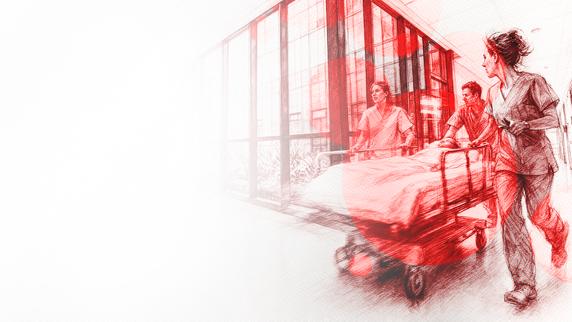 Ilustração de equipe de emergência conduzindo uma paciente em maca pelo corredor do hospital