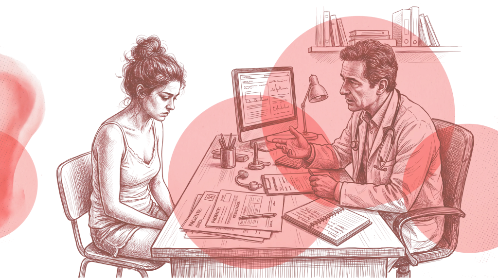 Ilustração de um médico conversando com uma paciente com dor no consultório