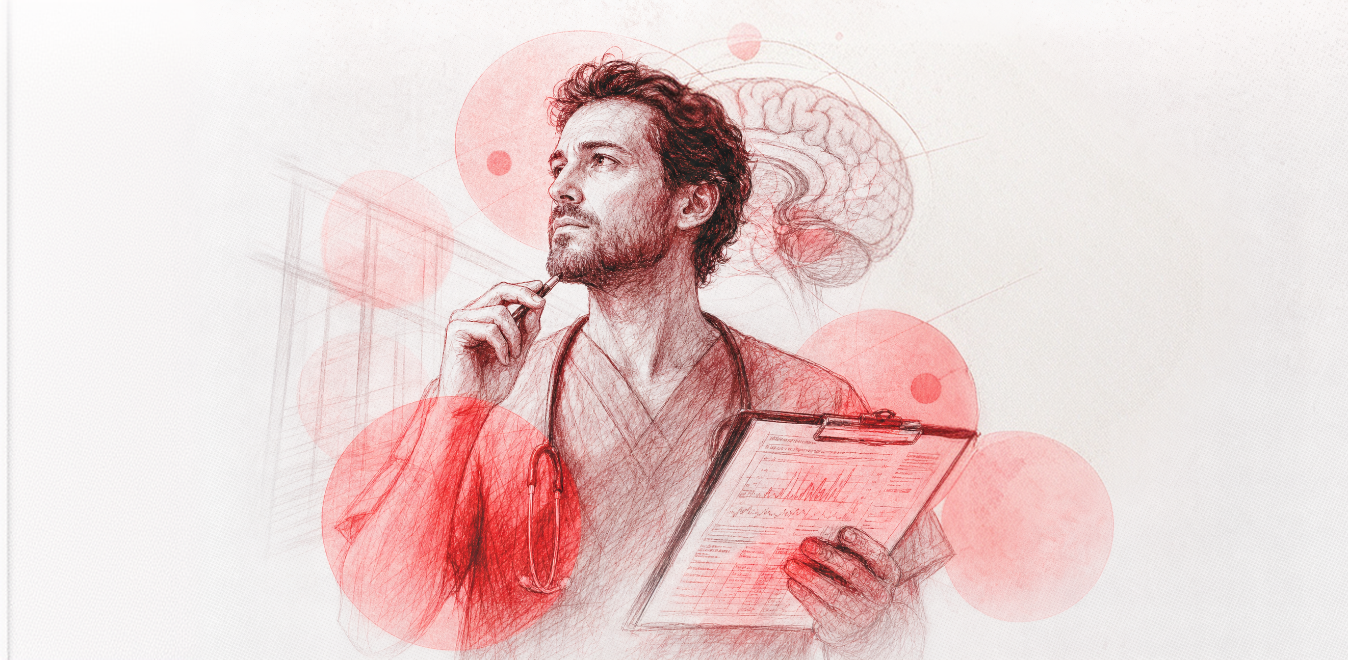 Ilustração de um médico pensativo segurando uma prancheta