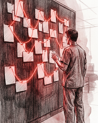Ilustração de um médico conectando pistas em um quadro de investigação